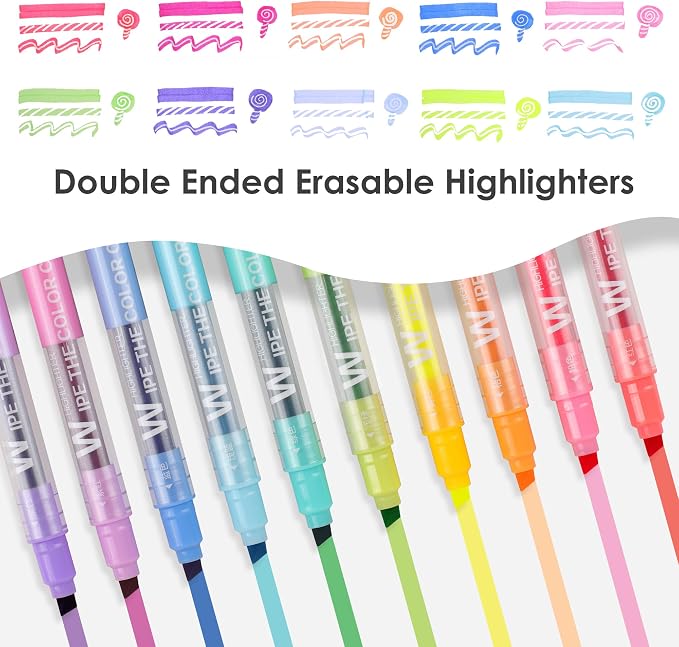 HANKU Erasable Highlighters, Dual Tip 10 Assorted Colors for Journaling | Cute Erasable Marker Pens, Smooth Writing, No Bleed, for Journaling, Planners, Bible Study, Back to School Supplies