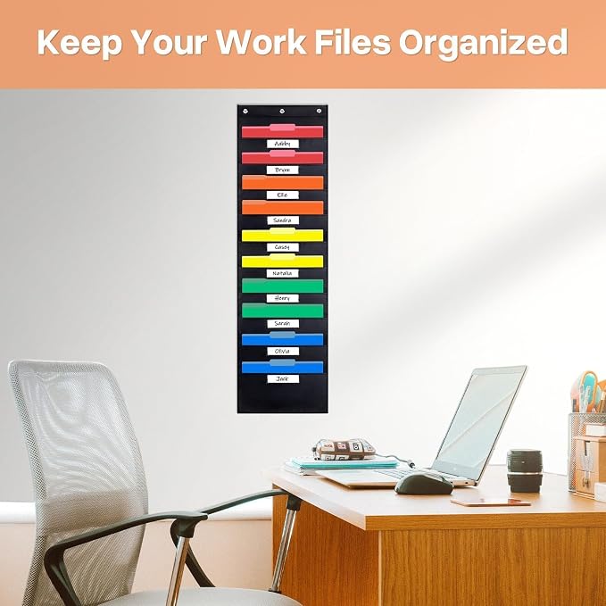 Opret 10 Pockets Storage Pocket Chart with 10 Nametag Pockets, Hanging Wall File Organizer for File Folders with 3 Hangers for Classroom, Office, School Mailbox Organizer and Home (Black)