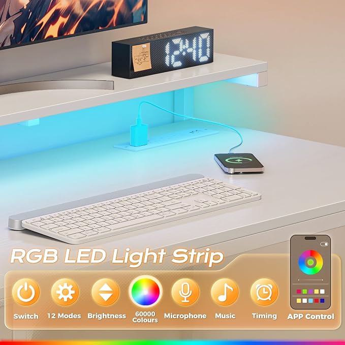 55.1 Inch Gaming Desk with LED Lights & Power Outlets | Computer Desk with Drawer & Storage Shelves, Office Writing Desk with Monitor Stand for Work from Home, White
