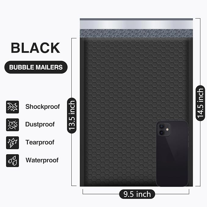 UCGOU Bubble Mailers 9.5x14.5" 40 Pack Usable Size 9.5x13.5" Black Padded | Waterproof Self Seal Adhesive Large Padded Envelopes for Small Business Bubble Packaging Envelopes for Mailing Jewelry Makeup
