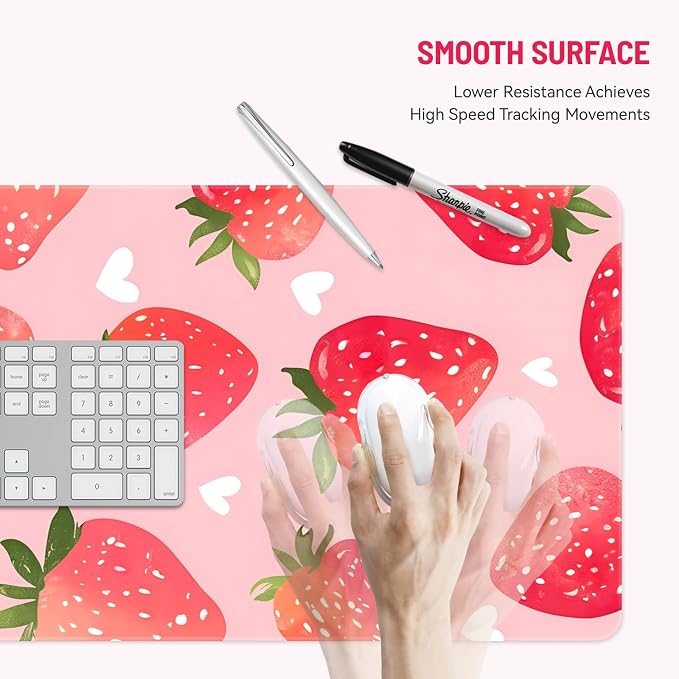 Mousepad Desk Mat Gaming Large Keyboard Cute Office Desktop Computer Laptop Strawberry XXL Long Giant Big Kawaii Aesthetic Girly Pretty Design Women Girl Gamer Oversized Wide 30x12'' Mousepad