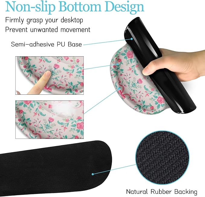 LIMKRIAN Pink Floral Desk Mat, Ergonomic Mouse Pad Set with Wrist Rest | Non-Slip PU Base, Stitched Edges, Keyboard Wrist Rest Ease Pain, Ideal For Office/Gaming, Cute Home Office Decor for Women