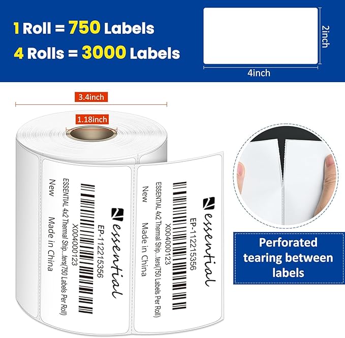 ESSENTIAL 4"X2" Direct Thermal Barcode Labels, 750 Tags of Roll, Shipping Labels, Compatible with Zebra Printers (4 Roll-3000 Tags)