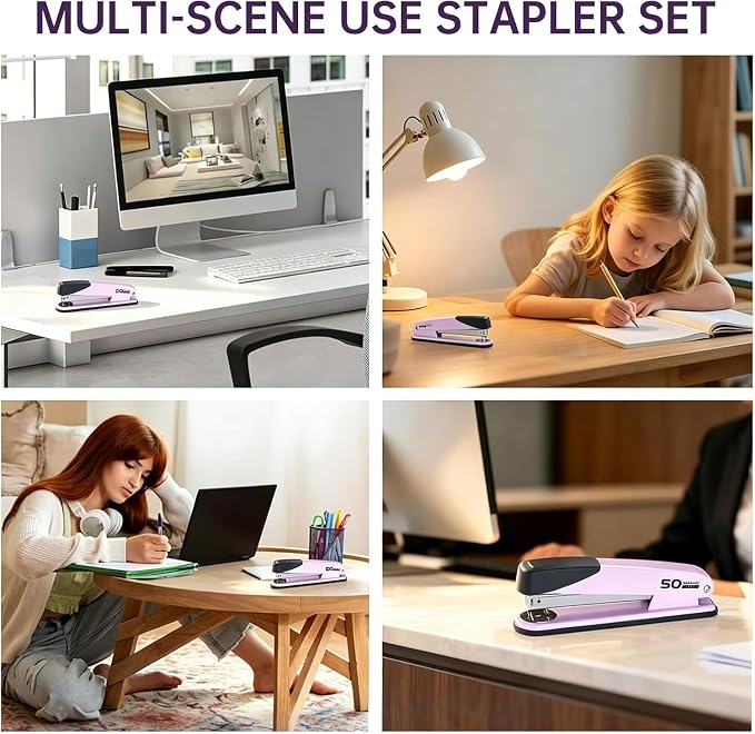 Metal Stapler Heavy Duty for Desk - 50 Sheet Capacity with 2000 Pieces 1/4", 5/16" Staples and Staple Remover, No Jam, Non-Slip, Stapler Heavy Duty for Classroom and Office, Pink