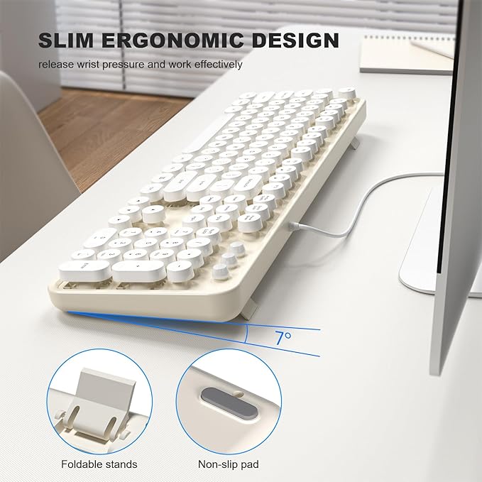 Computer Keyboard Wired, Plug and Play USB Retro Round Typewriter Keyboard, Full Size Wired Keyboard with Foldable Stands for Laptop and Office PC