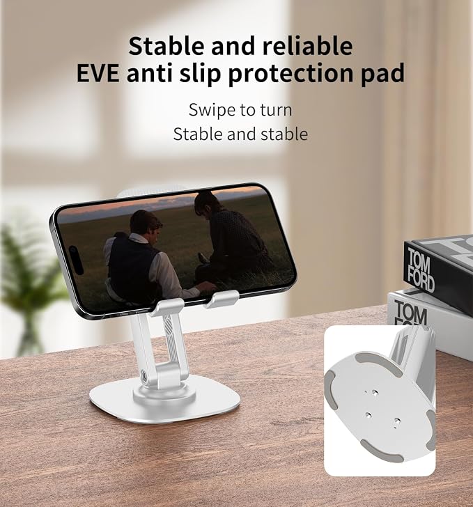 360° Rotating Cell Phone Stand for Desk (White, K69) | Adjustable & Foldable Phone Holder, Aluminum Desktop Phone Stand with Anti-Slip Base, Phone Holder for Desk