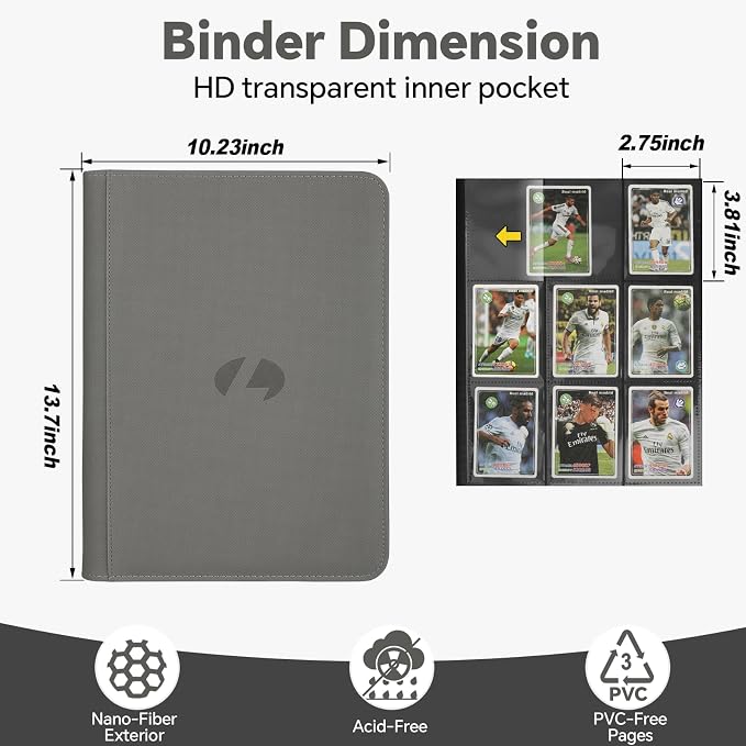 Trading Card Binder, Premium 9-Pocket Double Sided 540 Pocket PU Card Collection Binder, Collectible Trading Card Albums for MTG, TCG, Sports Cards (Grey)