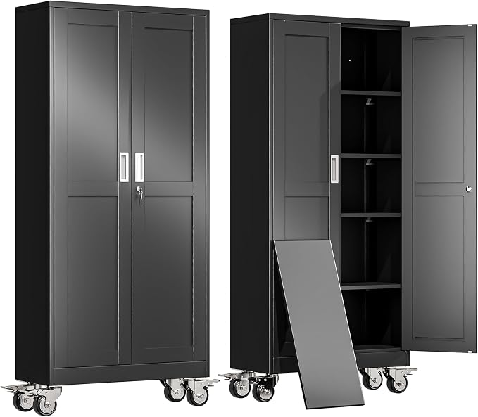 erosoei 71" H Metal Garage Storage Cabinet, Rolling Tool Cabinet with 2 Doors and Wheels, Locker Steel Cabinet with 4 Adjustable Shelves, Organization Cabinet for Garage,Office,Home,Gym,School