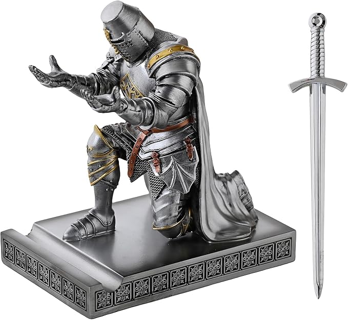 Medieval Templar Vanguard Officer Knight Pen Holder Desk Organizers Silver | Pencil Stand Paperweight Desktop Decoration Accessories Cell Phone Stand with a Fancy Sword for Medieval Warrior Enthusiast