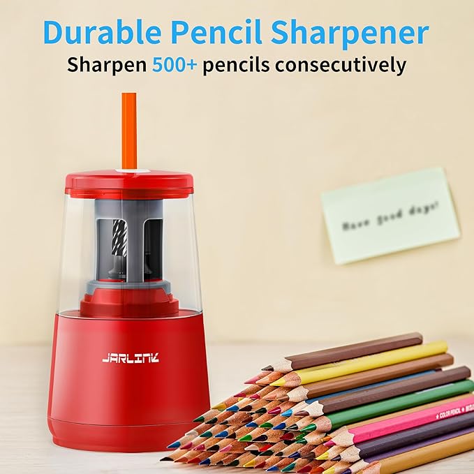 JARLINK Electric Pencil Sharpener, Heavy-Duty Helical Blade to Fast Sharpen, Auto Stop for No.2/Colored Pencils(6-8mm), USB/Battery Operated in School Classroom/Office/Home (Red)