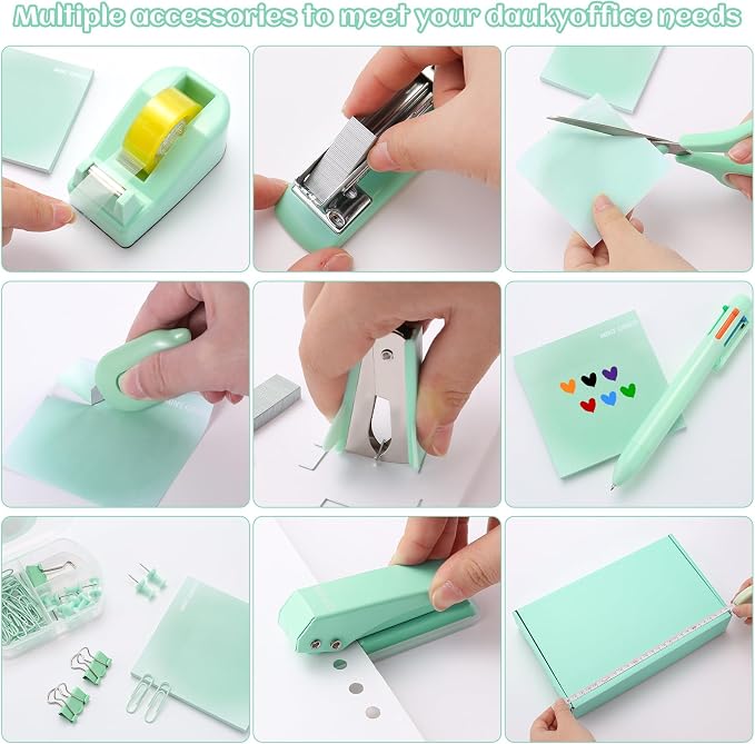 Green Desk Accessory Kit Cute Office Supplies Set Desktop Stapler Set Includes Staple Remover Hole Punch Tape Dispenser Ballpoint Pen Scissor Mini Box Cutter Tape Measure Paper Clips Sticky Notes