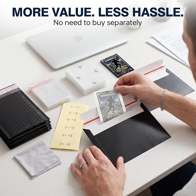 Trading Card Shipping Kit with Bubble Mailers, Kraft Envelopes and Sleeves | Includes card shipping protectors, clear bags and tape seals for layered protection, fast packing and everyday card shipping.