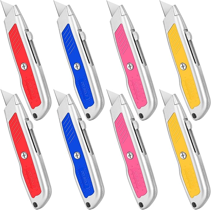 DIYSELF 8 Pack Utility Knives, Box Cutters, Metal Shell Utility Knife Retractable for Work, Box Cutter Retractable, Razor Knife, Box Cutters Heavy Duty for Cardboard, Leather, Package Opener