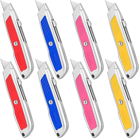 DIYSELF 8 Pack Utility Knives, Box Cutters, Metal Shell Utility Knife Retractable for Work, Box Cutter Retractable, Razor Knife, Box Cutters Heavy Duty for Cardboard, Leather, Package Opener
