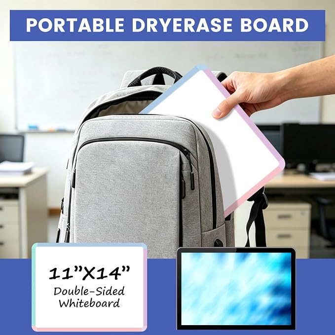Small Wall White Board, 11" x 14" Mini Double-Sided Magnetic Dry Erase Board with Plastic Frame, Hanging Whiteboard with 5 Markers for Kids Students School Kitchen Home & Office, Colorful