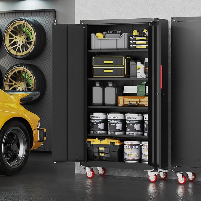 Metal Storage Cabinet with Wheels,71"Garage Cabinets with Lock Door | Heavy-Duty Garage Tool Cabinet with 4 Adjustable Shelves,Garage Cabinet and Storage System for Garage,Home,Shop,Office