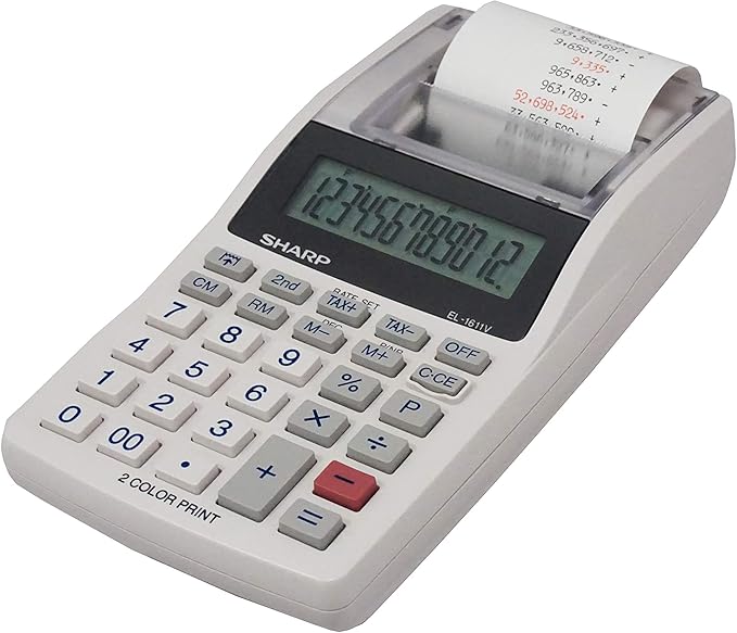 Sharp EL-1611V Handheld Portable Cordless 12 Digit Large LCD Display Two-Color Printing Calculator with Tax Functions