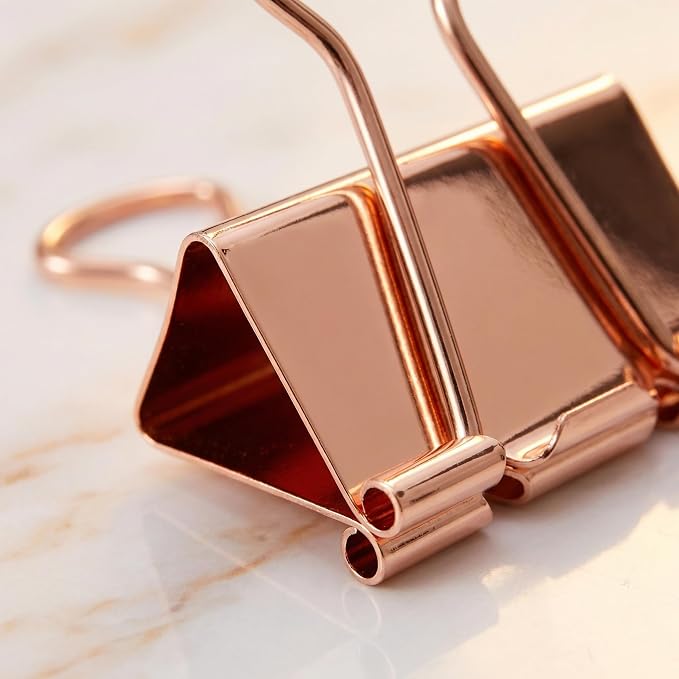 Rose Gold Binder Clips, 100PCS, Assorted Sizes | Solid Metal, Stainless Steel Handle, Aesthetic Desk Supplies, Office School Crafts & Document Organizing