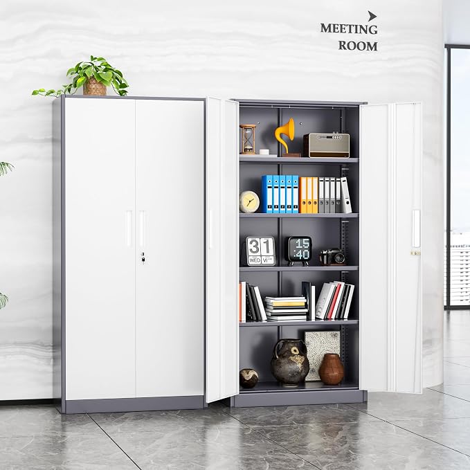 Metal Storage Cabinet, 72” H Storage Cabinet with Doors and Adjustable Shelves for Office, Home, Garage, Pantry (Assembly Required, Grey White)