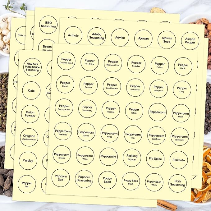 Spice Labels, 432Pcs Spice Labels Stickers 1.4in Waterproof Adhesive Round Preprinted Spice with Blank Label Black Tear Resistant Sticker for Kitchen Jars Caps Food Containers Organizers
