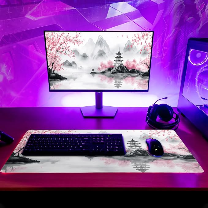 Pagoda Mouse Pad 31.5x11.8 Inch White Full Desk Japanese Mousepad Extended Large Non-Slip Rubber Base Waterproof Big Keyboard Mat with Stitched Edges for Gaming and Office