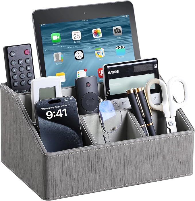 PU Leather Desk Organizer, Remote Control Holder, Grey | Luxury Nightstand Organizer for Home, Office Desk Accessories, Bedside Table Caddy with 5 Compartments, Velvet Lining