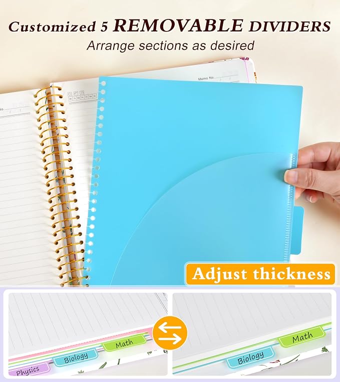5 Subject Notebook College Ruled 240 Pages, A5(5.8"x8.3") Hardcover Spiral Notebook with Removable Dividers Tabs, Lined Spiral Journal Notebook for Women, Notebooks for Work School，whitespringflower