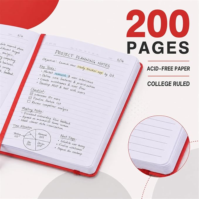 Hardcover-Journal-Notebooks, A5 Lined Journals Notebook for Writing 200 Pages, 8.2 x 5.5 inch, Classic Ruled Notebooks for Work/Travel/College (Red- 1 Pack)
