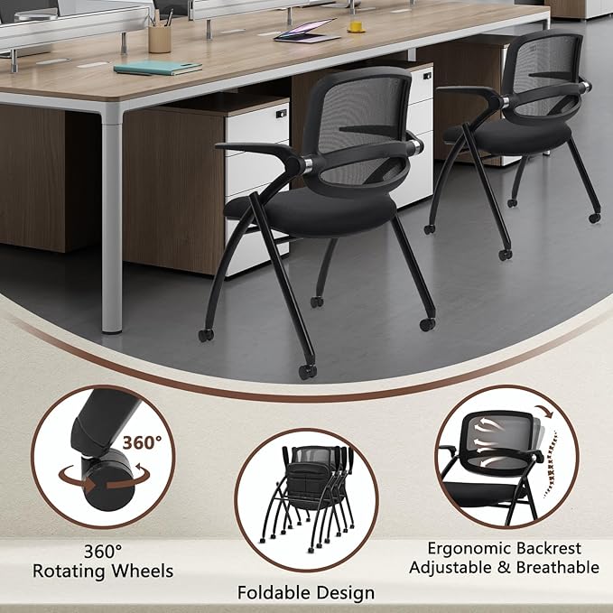 CLATINA Stackable & Foldable Conference Chair with Wheels, Ergonomic Mesh Back, 300lbs Capacity, Breathable Padded Seat, Adjustable Armrests, Office Chair for Reception, Training, Home, Black, 20PK