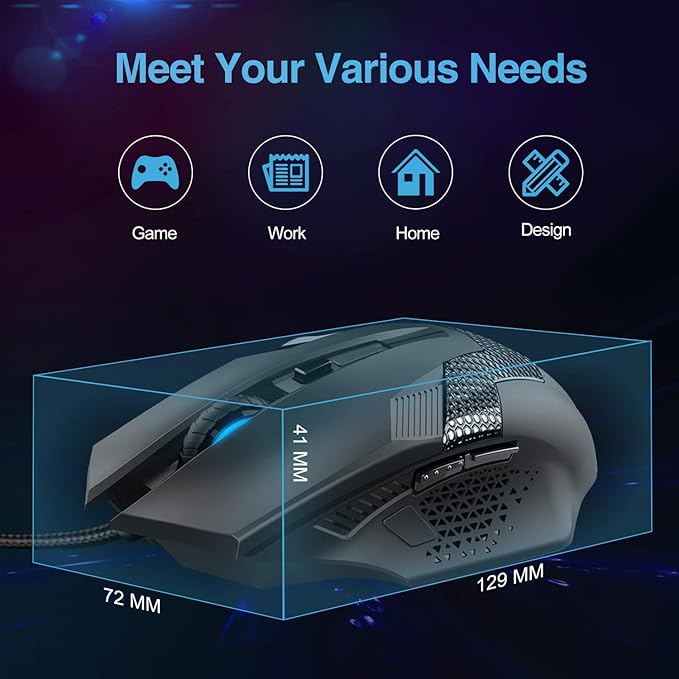 TECKNET Wired Gaming Mouse - 8000 DPI with 6 Adjustable Levels,6 Programmable Buttons & 6 Chroma RGB Backlit,Ergonomic Mice for PC/Mac/Laptop - Blue