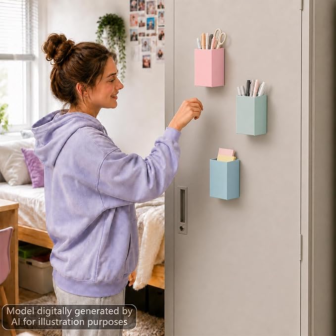 6 Pcs Classroom Magnetic Storage Boxes Magnetic Storage Containers Plastic Dry Erase Marker Holder Plastics Pen Holder for Refrigerator Whiteboard Home Office School Organizer Supply (Soft Neutral)