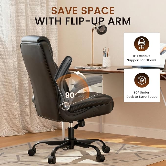 GTPLAYER PU Leather Office Chair, Home Desk Chair with Flip-up Arms, Black | Ergonomic Back, Comfy Executive Chair for Home Office Gaming, Flexible Rocking, Heavy Duty Chairs