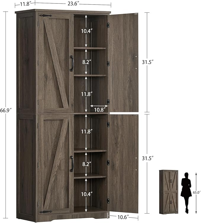 TEENFON Tall Storage Cabinet, Kitchen Pantry Cabinet with 4 Shelves, Adjustable Shelves, Pantry Cabinets with 4 Barn Doors, Tall Kitchen Cabinets for Dining Room, Living Room, Dark Walnut