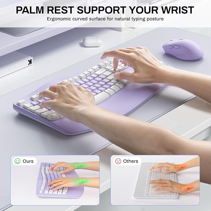 Wireless Keyboard and Mouse Combo,2.4G Ergonomic Wave Keys(Purple-A) | Full Size Cordless Keyboard with Wrist Rest,3-Level DPI Ergonomic Mouse for Office and Home,Windows/Mac OS/Desktop/Laptop/PC