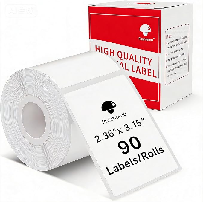 Phomemo M220 Thermal Labels 2.36"x 3.15" for M220/M221/M250/M260, 90 PCS | 60x80mm Waterproof Thermal Labls, 1 Roll, Use for Barcode, Logo,Listing, Business, Home,Organization, Office, White