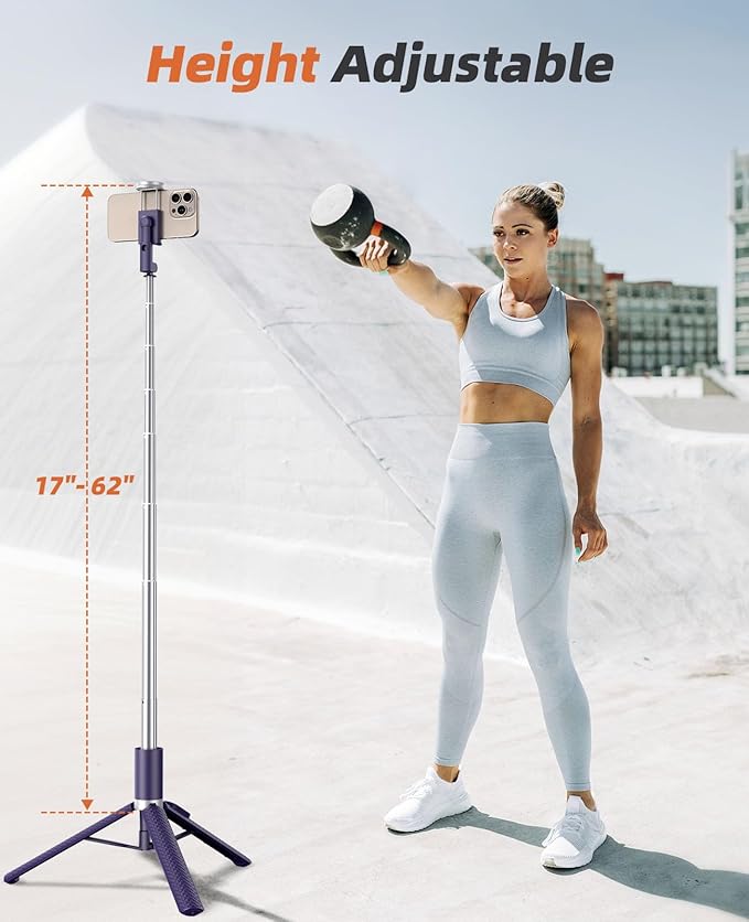Phone Tripod & Selfie Stick with Remote, Portable, Lightweight for Video Recording Vlog, Extendable Travel Tripod Stand Compatible with iPhone Android, Purple, 62"