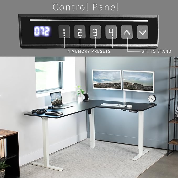 VIVO Corner Standing Desk, 63 x 55 inch Reversible L-Shaped Workstation, Electric Height Adjustment, Home, Office, and Reception Rooms, Black Table Top White Frame, DESK-E3CTWB