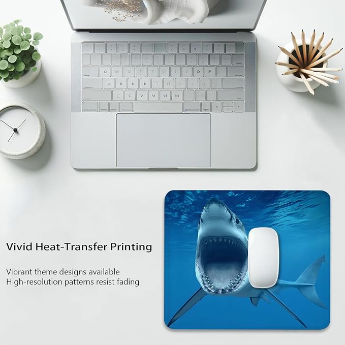 Great White Shark Mouse Pad, Blue Ocean Fish Durable Desk Mat | Cute Mousepad Stitched, Anti-Slip Base Smooth Surface, 9.5 x 7.9 Inches