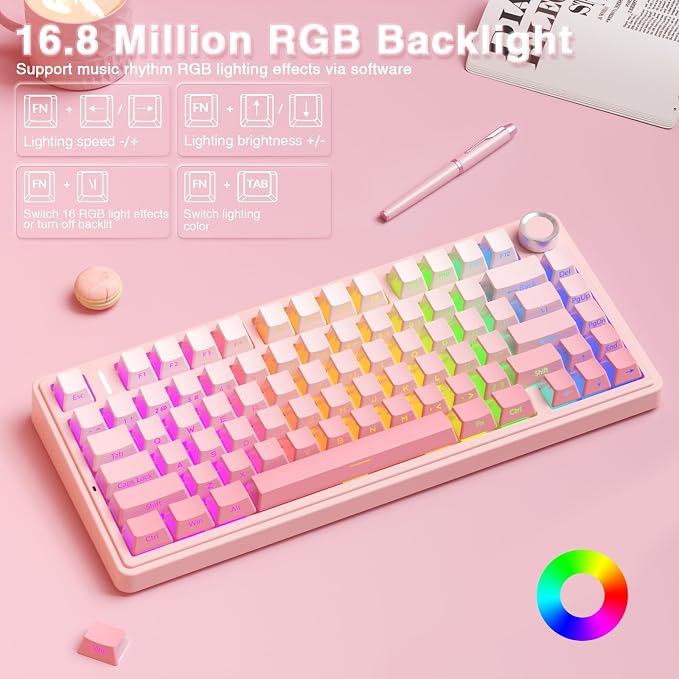 AULA F75 Pro Wireless Mechanical Keyboard Silent Version,75% Hot Swappable Custom Keyboard with Knob,RGB Backlit,Pre-lubed Switches,Side Printed PBT Keycaps,2.4GHz/USB-C/BT5.0 PC Gaming Keyboards,Pink