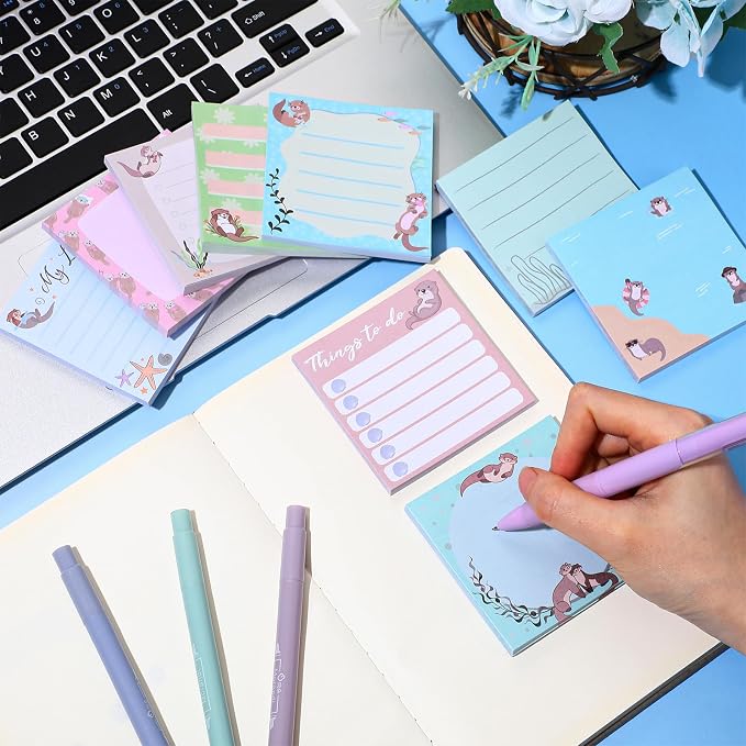 9 Pads Otter Sticky Notes, 3x3 Inch Cute Stick Notepads | Adhesive Memo Notes Pad, Coworker Gifts, Office Supplies Decor, Desk Accessories for Students, Teacher, Meeting