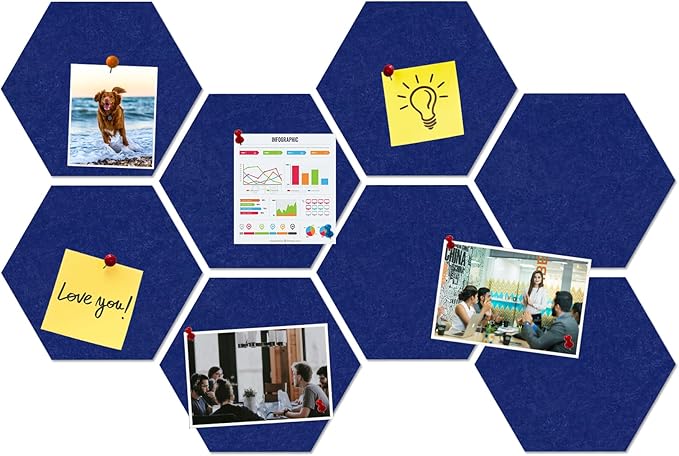 Large Hexagon Felt Cork Board Tiles, Self Adhesive DIY Felt Bulletin Board Pin Board with 35 Pushpins for Office School Home Wall Decor Stickers Memos Photos Display(Dark Blue)
