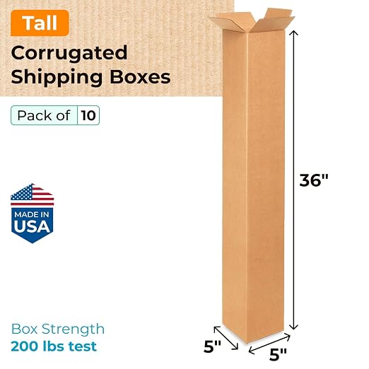 Tall Moving & Shipping Boxes 5x5x36 inches (10-Pack) - Extra Strength 200 lb vs Regular - Corrugated Cardboard Boxes for USPS/UPS/FEDEX - Strong Packaging Box - Moving Box by IDL Packaging | Extra Strength 200 lb vs Regular - Corrugated Cardboard Boxes...