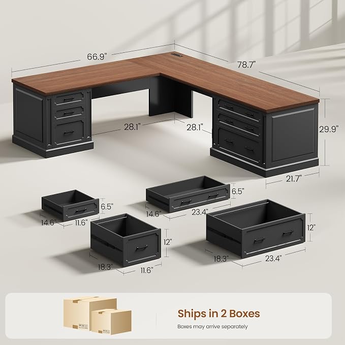 SEDETA Farmhouse 78.8" L Shaped Desk with 6 Drawers, Home Office Desk with Power Outlet, File Cabinet Storage, Wood Corner Computer Desk for Work and Study, Black+Brown