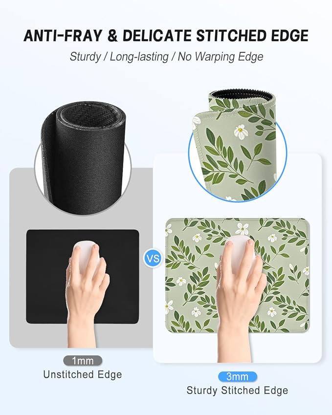 Mouse Pad, Cute Mouse Mat, 10" x 8", Green Flower | Square Waterproof Gaming Computer Mat, Textured Top, Stitched Edges, Non-Slip Rubber Base for Office Home Laptop Keyboard