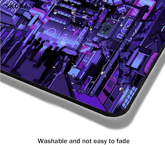 Purple Anime Mouse Pad, Retro Vaporwave Mousepad, Square Premium Texture Japanese Cute Mice Pad Design for Office Work Home, Small Mouse Mat for Computer Laptop, Neon Tokyo Street Pixel Art