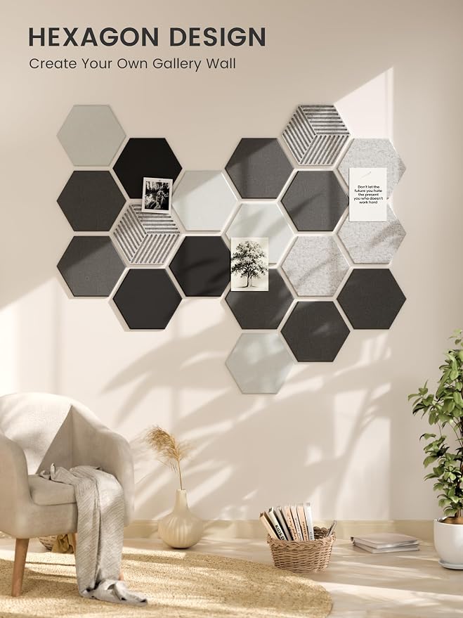 Fluxynara 10-Pack Hexagon Cork Board Alternative, Concrete Echo | Felt Bulletin Board with 50 Adhesive Tabs, Ideal for Vision Boards and Wall Decor in Homes, Offices, Classrooms, and Dorms