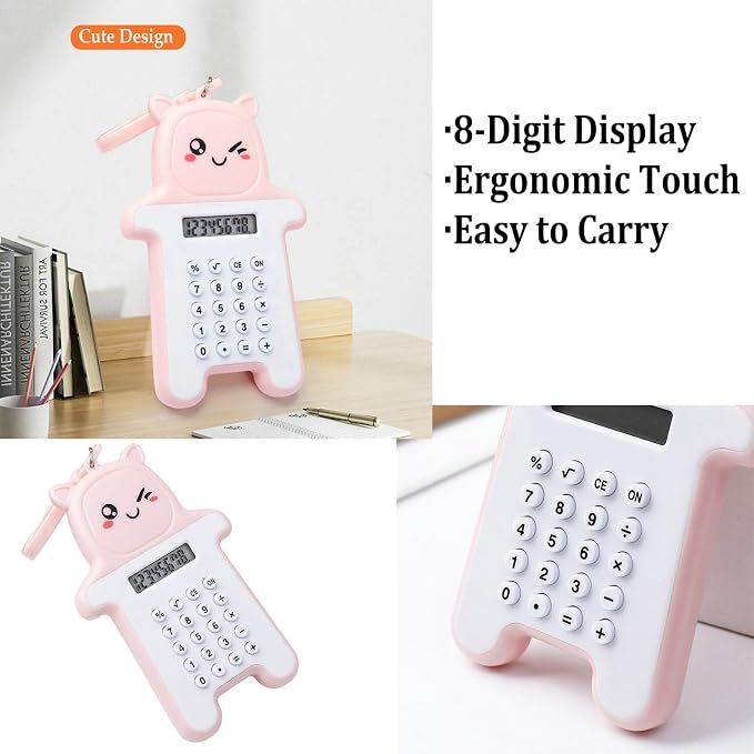 6-Pack Cute Mini Keychain Digital Calculators, 8-Digit LCD Display, Cartoon Design, Portable for School & Office, Kids Calculator, Battery Powered (Included)