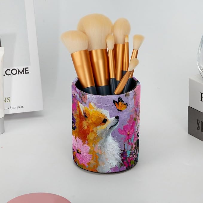 Leather Pen Holder for Desk, Dog Oil Painting Pencil Cup Pen Organizer Makeup Brush Holder for Office Home Kids Countertop Desk Accessory Storage