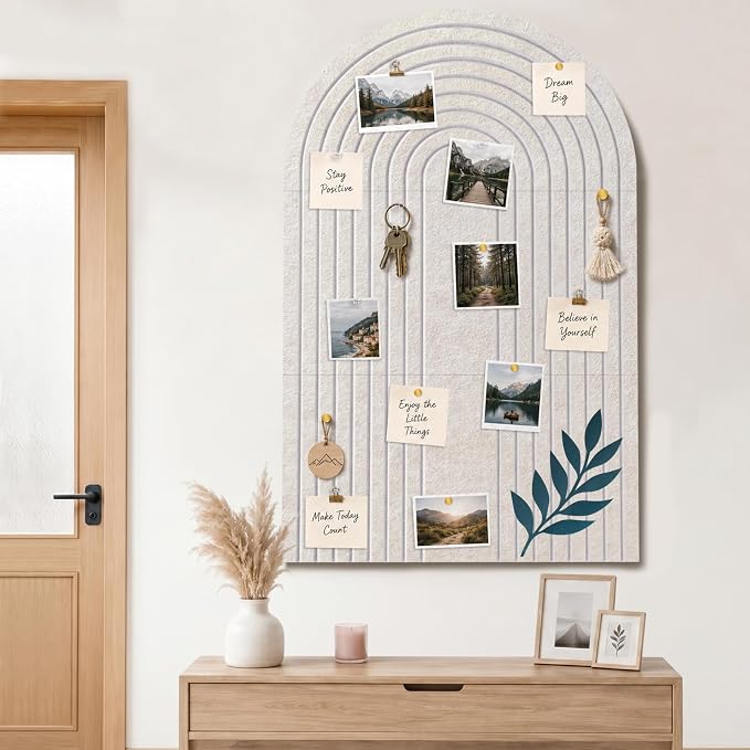 Large Arched Felt Bulletin Board, Stylish Sized 36" x 24" Cork Board Alternative with Grooved Pin Board for Office & Wall, 3 Foldable Customizable Adhesive Tiles with Pins for Photo Display, Oatmeal