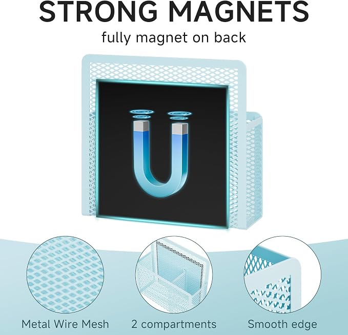Marbrasse Magnetic Dry Erase Marker Holder, Mesh Pen Holder for Whiteboard，Magnet Pencil Organizer Storage for Refrigerator Locker Accessories Organizer for Home, School and Office (Blue 4p)